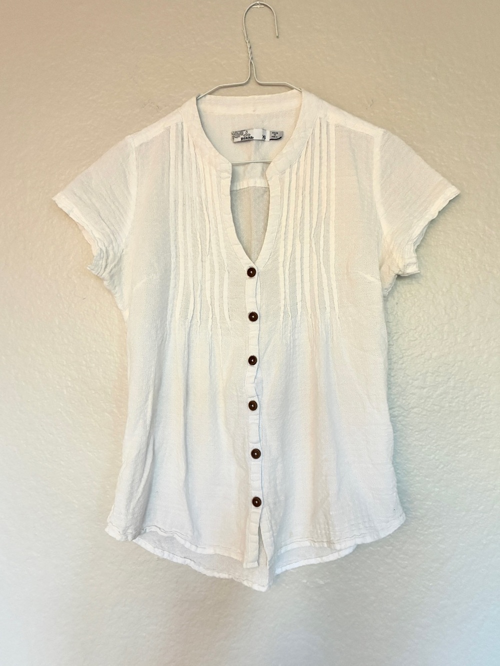 Prana Ellie Top White Short-Sleeve Pintuck Button Front Top Mandarin Collar Y2K